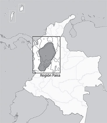Figura 1. Región “paisa” en Colombia. Esta la componen parte del departamento de Antioquia, los departamentos de Caldas, Risaralda y Quindío. Además, también hacen parte el norte de los departamentos del Valle del Cauca y del Tolima. Figura tomada de http://www.fotoseimage- nes.net/region-paisa